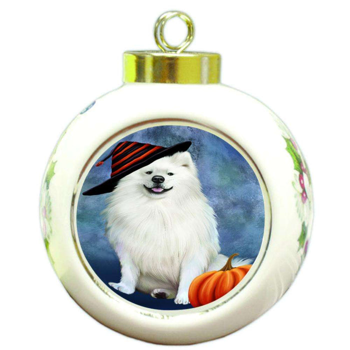 Happy Halloween American Eskimo Dog Wearing Witch Hat with Pumpkin Round Ball Christmas Ornament RBPOR55043