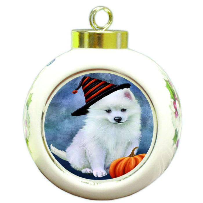 Happy Halloween American Eskimo Dog Wearing Witch Hat with Pumpkin Round Ball Christmas Ornament RBPOR55044