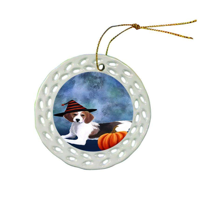 Happy Halloween American Foxhound Dog Wearing Witch Hat with Pumpkin Ceramic Doily Ornament DPOR55045