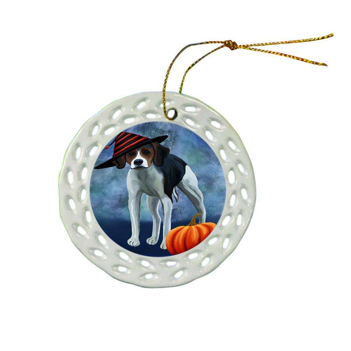 Happy Halloween American Foxhound Dog Wearing Witch Hat with Pumpkin Ceramic Doily Ornament DPOR55046