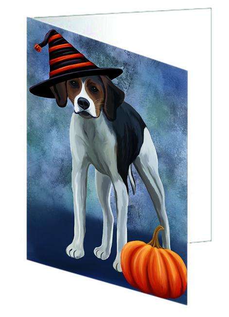 Happy Halloween American Foxhound Dog Wearing Witch Hat with Pumpkin Handmade Artwork Assorted Pets Greeting Cards and Note Cards with Envelopes for All Occasions and Holiday Seasons GCD68783