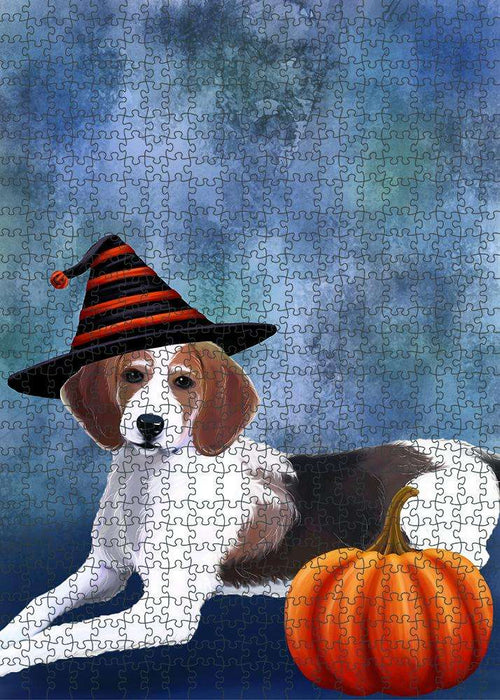 Happy Halloween American Foxhound Dog Wearing Witch Hat with Pumpkin Puzzle  PUZL87100