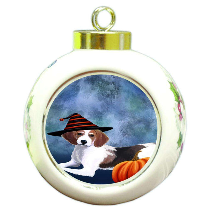 Happy Halloween American Foxhound Dog Wearing Witch Hat with Pumpkin Round Ball Christmas Ornament RBPOR55045