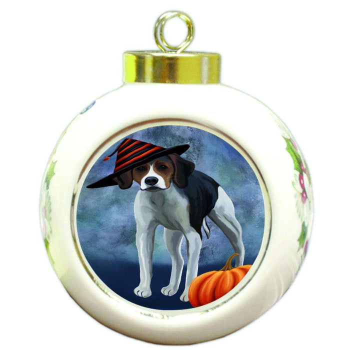 Happy Halloween American Foxhound Dog Wearing Witch Hat with Pumpkin Round Ball Christmas Ornament RBPOR55046