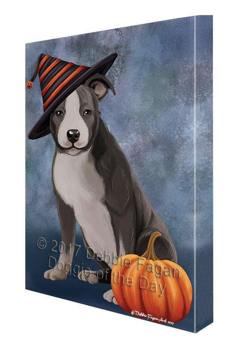 Happy Halloween American Staffordshire Dog Wearing Witch Hat with Pumpkin Canvas Wall Art