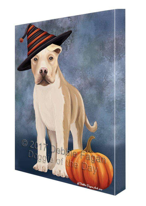 Happy Halloween American Staffordshire Dog Wearing Witch Hat with Pumpkin Canvas Wall Art
