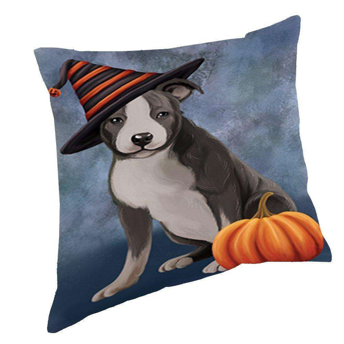 Happy Halloween American Staffordshire Dog Wearing Witch Hat with Pumpkin Throw Pillow