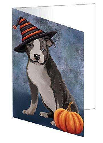 Happy Halloween American Staffordshire Dog with Witch Hat with Pumpkin Handmade Artwork Assorted Pets Greeting Cards and Note Cards with Envelopes for All Occasions and Holiday Seasons