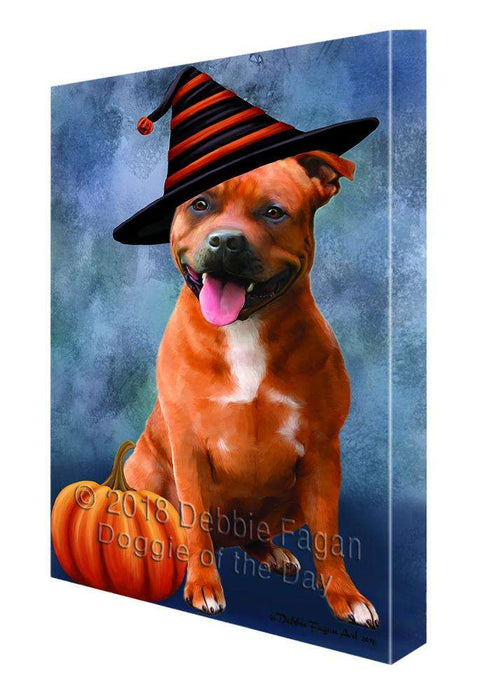Happy Halloween American Staffordshire Terrier Dog Wearing Witch Hat with Pumpkin Canvas Print Wall Art Décor CVS111815