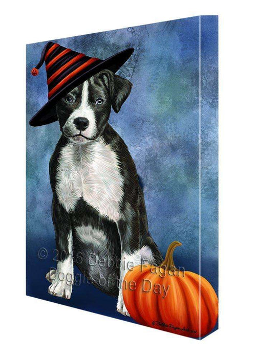 Happy Halloween American Staffordshire Terrier Dog Wearing Witch Hat with Pumpkin Canvas Wall Art