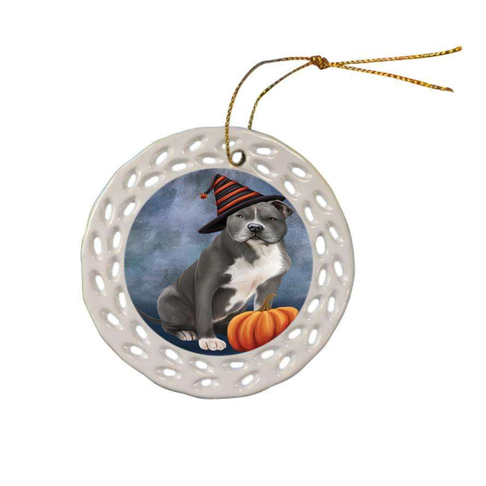 Happy Halloween American Staffordshire Terrier Dog Wearing Witch Hat with Pumpkin Ceramic Doily Ornament DPOR54838