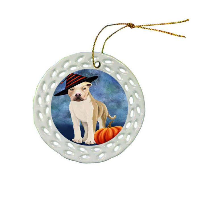 Happy Halloween American Staffordshire Terrier Dog Wearing Witch Hat with Pumpkin Ceramic Doily Ornament DPOR54983
