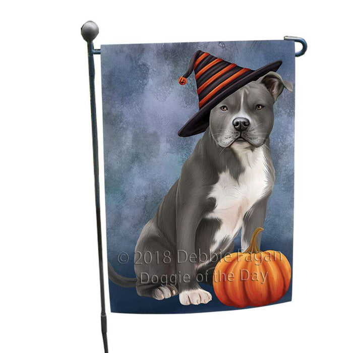 Happy Halloween American Staffordshire Terrier Dog Wearing Witch Hat with Pumpkin Garden Flag GFLG54900