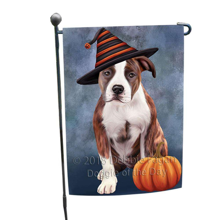 Happy Halloween American Staffordshire Terrier Dog Wearing Witch Hat with Pumpkin Garden Flag GFLG54901