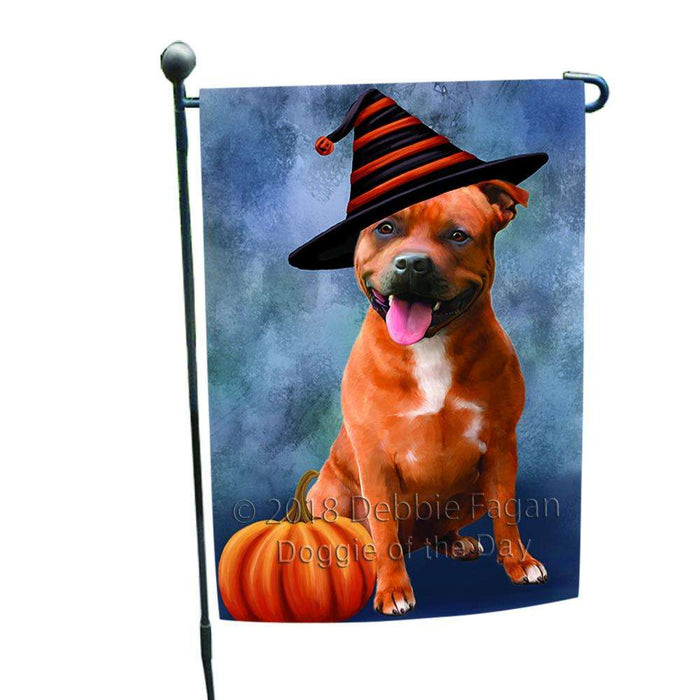 Happy Halloween American Staffordshire Terrier Dog Wearing Witch Hat with Pumpkin Garden Flag GFLG54947