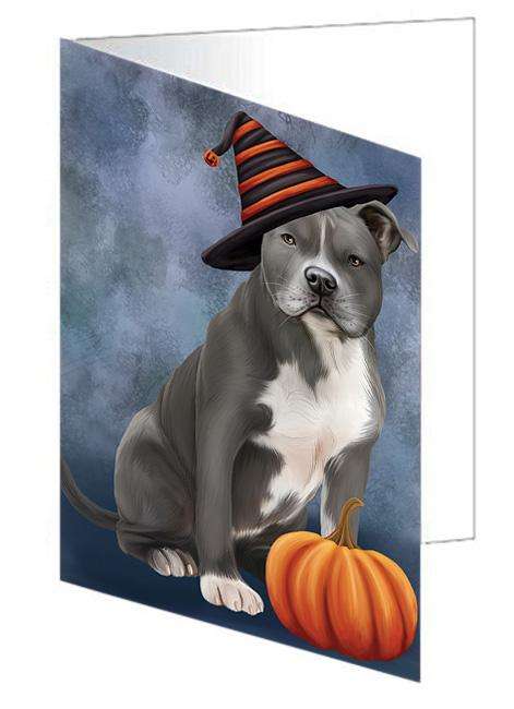 Happy Halloween American Staffordshire Terrier Dog Wearing Witch Hat with Pumpkin Handmade Artwork Assorted Pets Greeting Cards and Note Cards with Envelopes for All Occasions and Holiday Seasons GCD68543