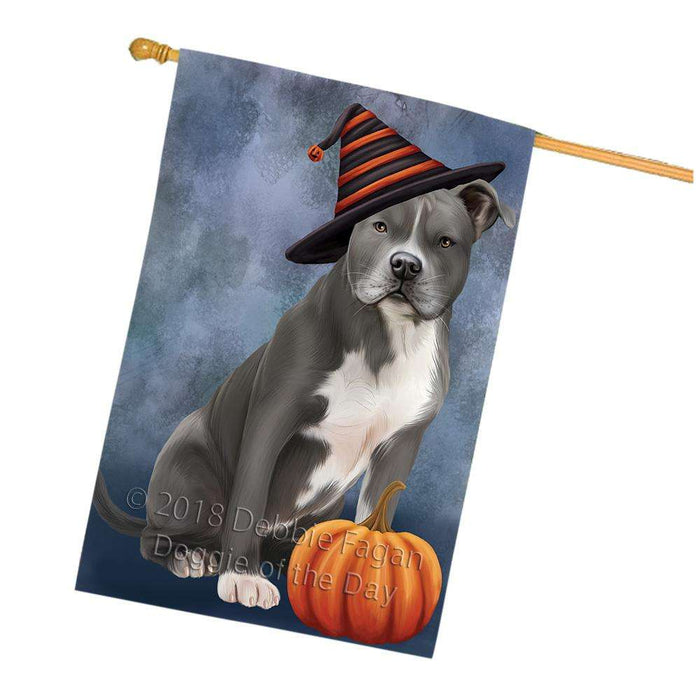 Happy Halloween American Staffordshire Terrier Dog Wearing Witch Hat with Pumpkin House Flag FLG55036