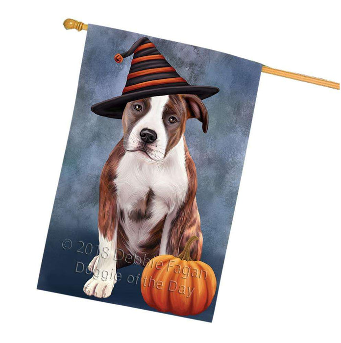 Happy Halloween American Staffordshire Terrier Dog Wearing Witch Hat with Pumpkin House Flag FLG55037