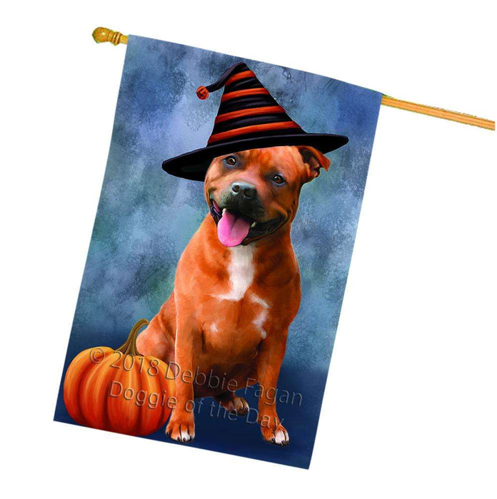 Happy Halloween American Staffordshire Terrier Dog Wearing Witch Hat with Pumpkin House Flag FLG55083