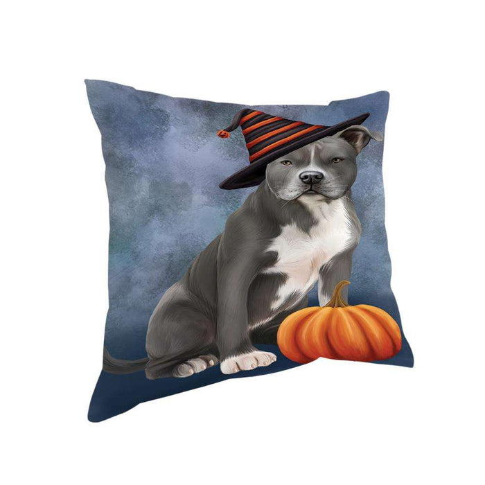 Happy Halloween American Staffordshire Terrier Dog Wearing Witch Hat with Pumpkin Pillow PIL75976