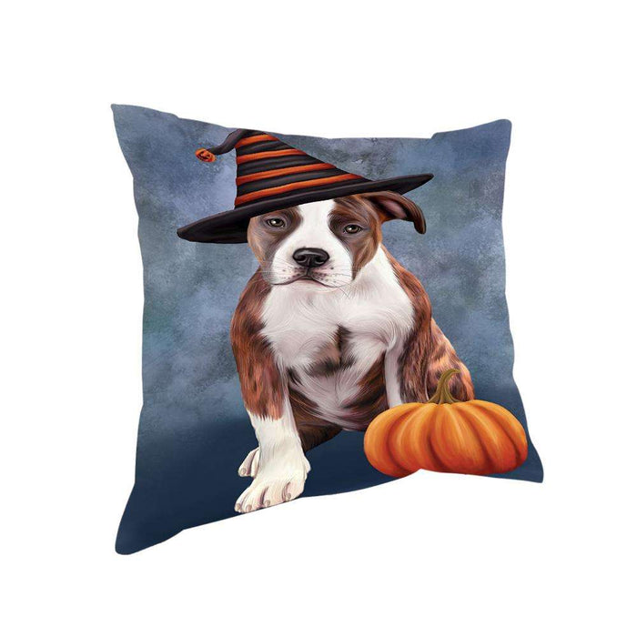 Happy Halloween American Staffordshire Terrier Dog Wearing Witch Hat with Pumpkin Pillow PIL75980