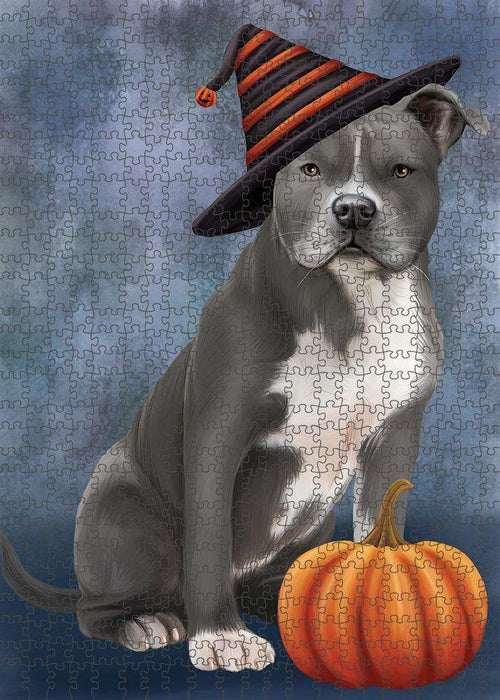 Happy Halloween American Staffordshire Terrier Dog Wearing Witch Hat with Pumpkin Puzzle with Photo Tin PUZL86508