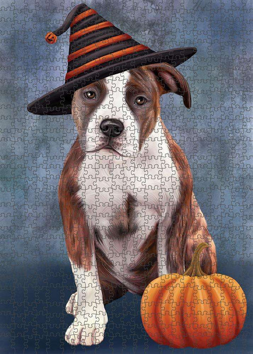 Happy Halloween American Staffordshire Terrier Dog Wearing Witch Hat with Pumpkin Puzzle with Photo Tin PUZL86512