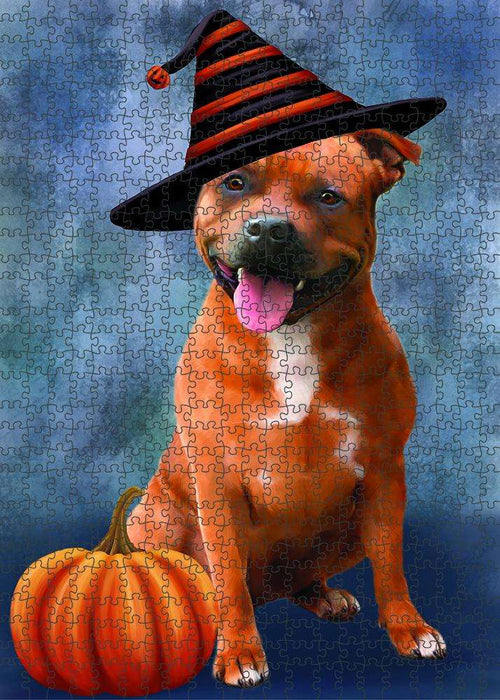 Happy Halloween American Staffordshire Terrier Dog Wearing Witch Hat with Pumpkin Puzzle with Photo Tin PUZL86696