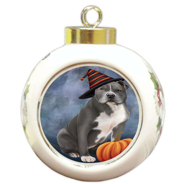 Happy Halloween American Staffordshire Terrier Dog Wearing Witch Hat with Pumpkin Round Ball Christmas Ornament RBPOR54838