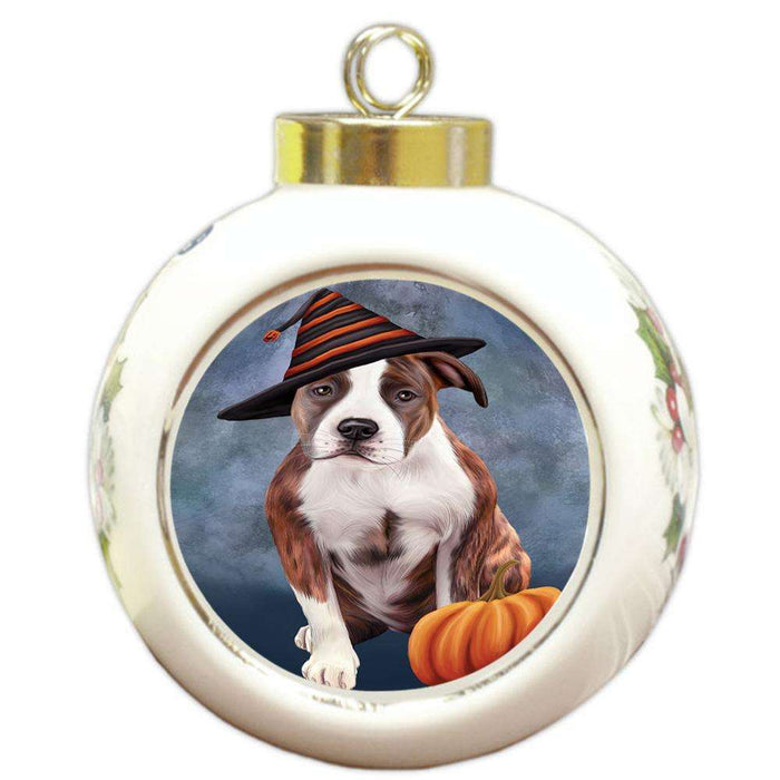 Happy Halloween American Staffordshire Terrier Dog Wearing Witch Hat with Pumpkin Round Ball Christmas Ornament RBPOR54839