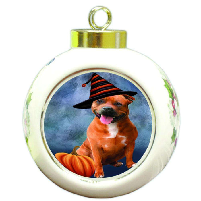 Happy Halloween American Staffordshire Terrier Dog Wearing Witch Hat with Pumpkin Round Ball Christmas Ornament RBPOR54885