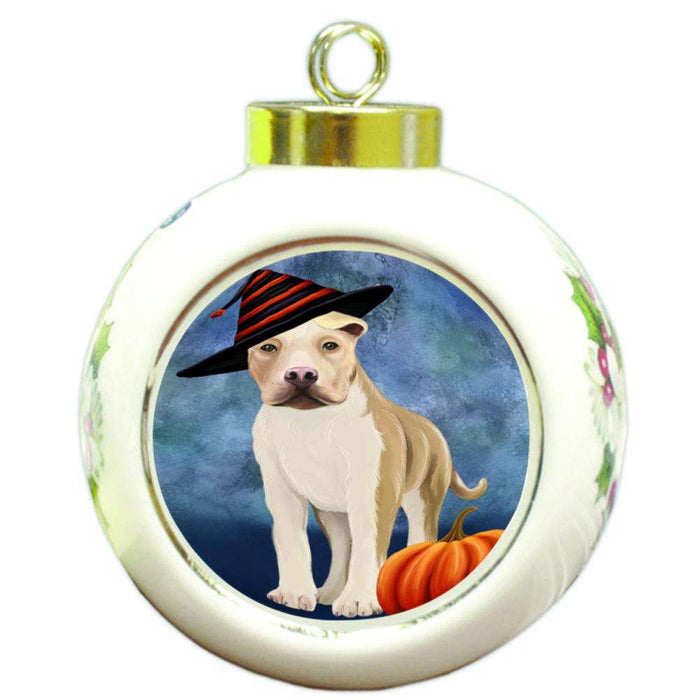Happy Halloween American Staffordshire Terrier Dog Wearing Witch Hat with Pumpkin Round Ball Christmas Ornament RBPOR54983