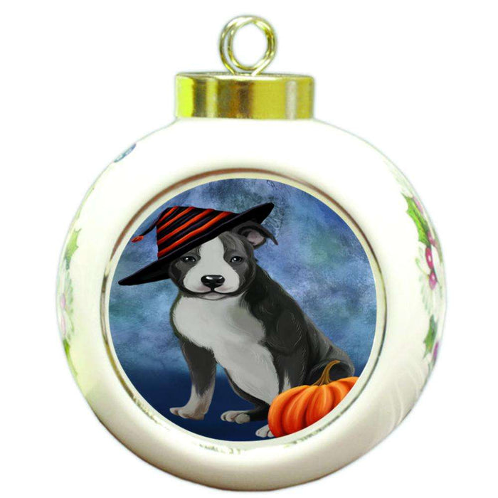 Happy Halloween American Staffordshire Terrier Dog Wearing Witch Hat with Pumpkin Round Ball Christmas Ornament RBPOR54984