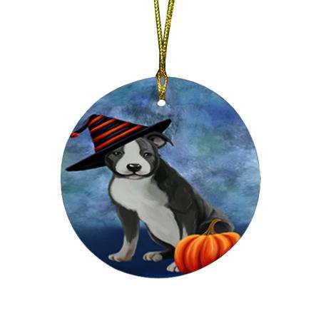 Happy Halloween American Staffordshire Terrier Dog Wearing Witch Hat with Pumpkin Round Flat Christmas Ornament RFPOR54975