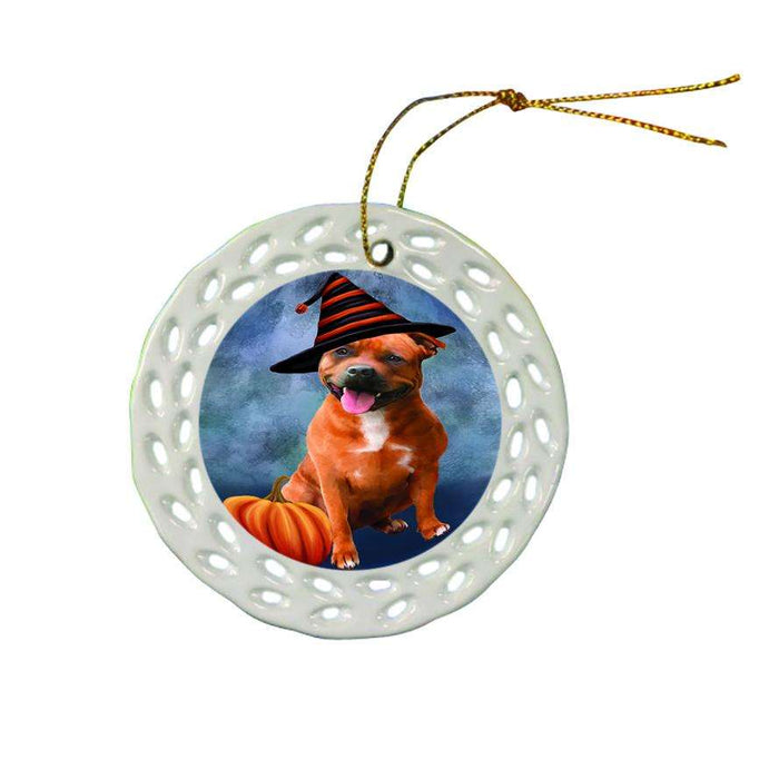 Happy Halloween American Staffordshire Terrier Dog Wearing Witch Hat with Pumpkin Star Porcelain Ornament SPOR54876