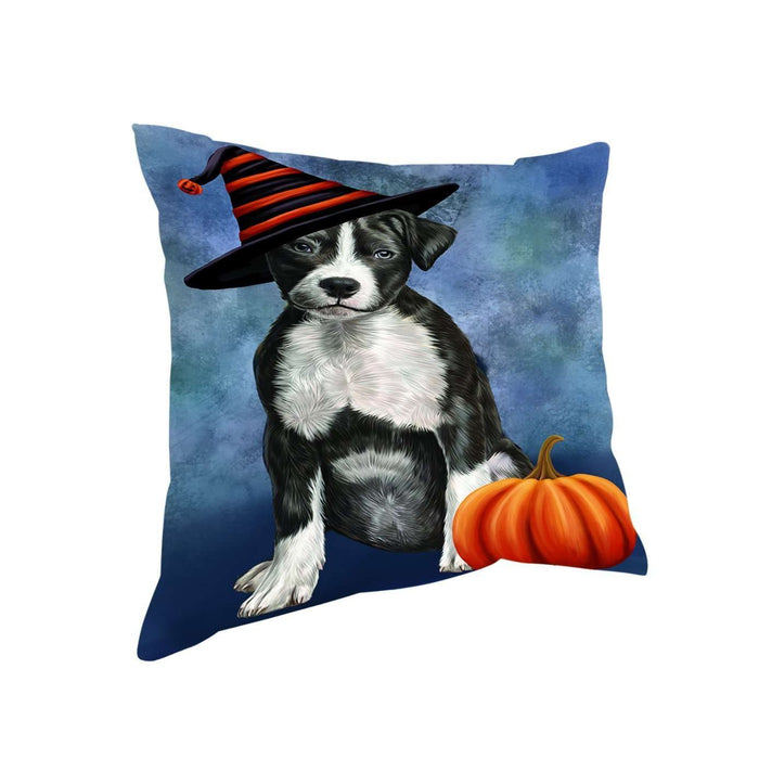 Happy Halloween American Staffordshire Terrier Dog Wearing Witch Hat with Pumpkin Throw Pillow