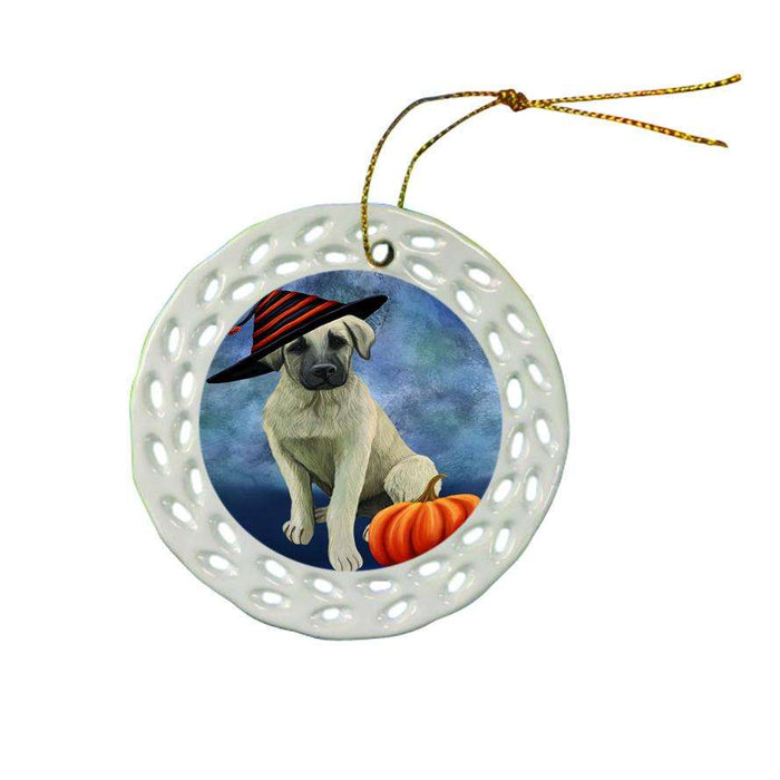 Happy Halloween Anatolian Shepherd Dog Wearing Witch Hat with Pumpkin Ceramic Doily Ornament DPOR54986