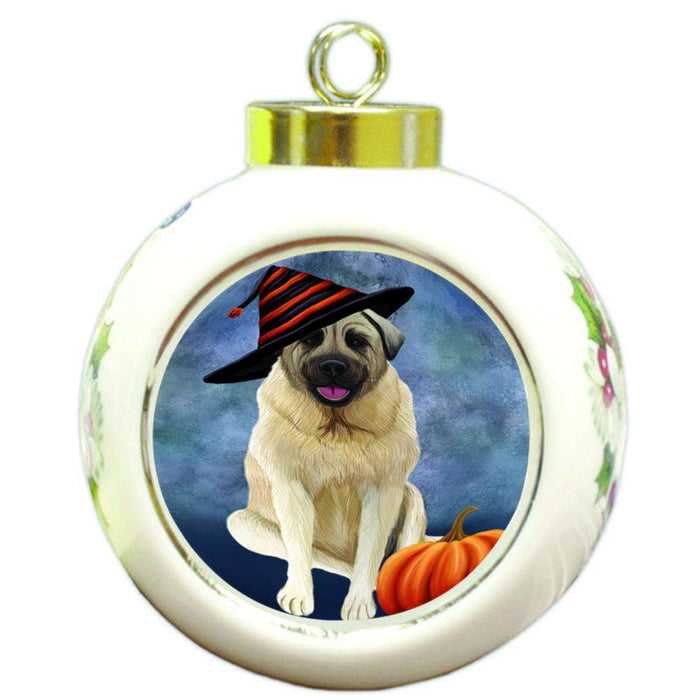 Happy Halloween Anatolian Shepherd Dog Wearing Witch Hat with Pumpkin Round Ball Christmas Ornament RBPOR54985