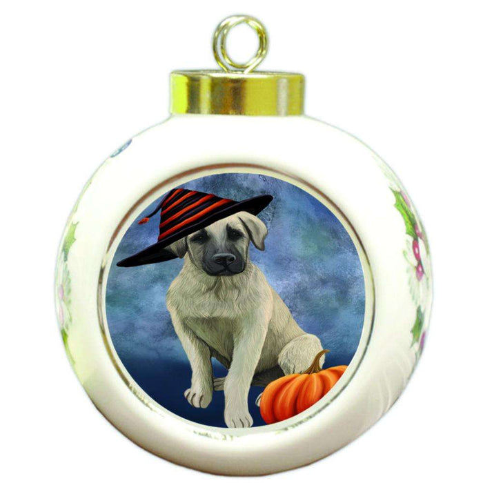 Happy Halloween Anatolian Shepherd Dog Wearing Witch Hat with Pumpkin Round Ball Christmas Ornament RBPOR54986