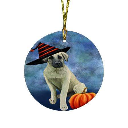 Happy Halloween Anatolian Shepherd Dog Wearing Witch Hat with Pumpkin Round Flat Christmas Ornament RFPOR54977