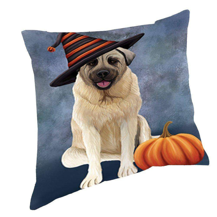 Happy Halloween Anatolian Shepherd Dog Wearing Witch Hat with Pumpkin Throw Pillow