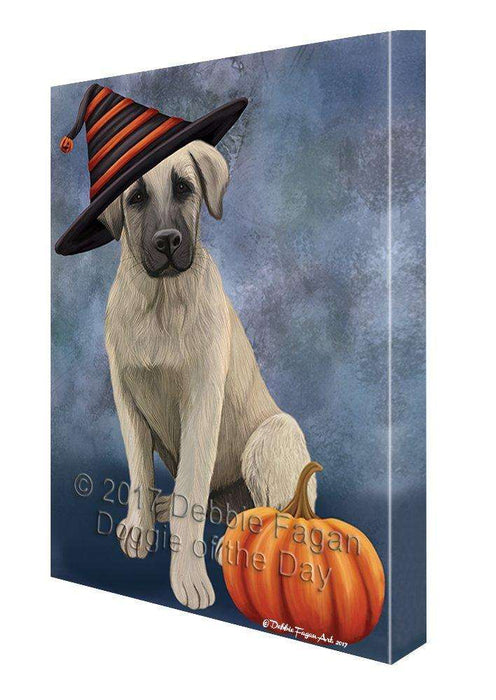 Happy Halloween Anatolian Shepherd Puppy Dog Wearing Witch Hat with Pumpkin Canvas Wall Art