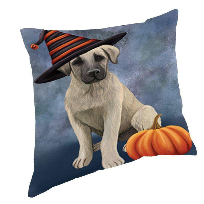 Happy Halloween Anatolian Shepherd Puppy Dog Wearing Witch Hat with Pumpkin Throw Pillow