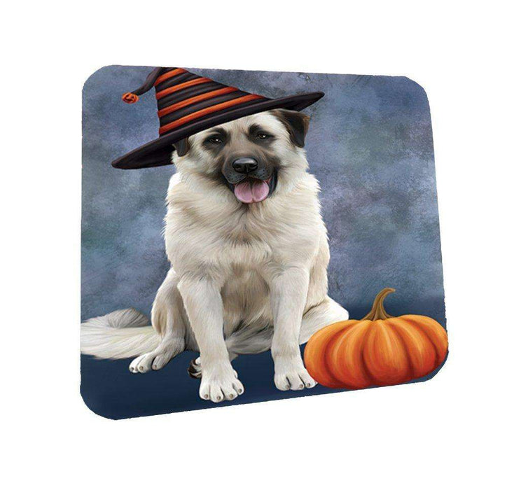 Happy Halloween Anatolian Shepherds Dog Wearing Witch Hat with Pumpkin Coasters Set of 4