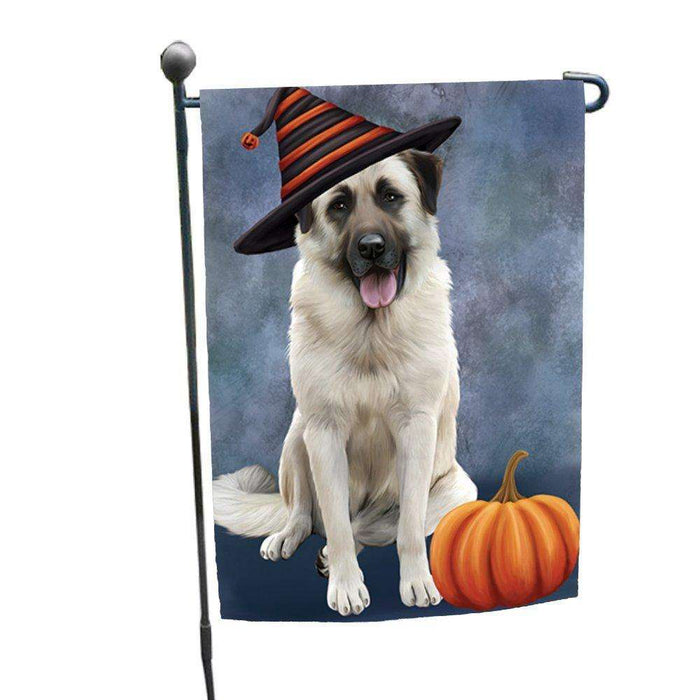 Happy Halloween Anatolian Shepherds Dog Wearing Witch Hat with Pumpkin Garden Flag