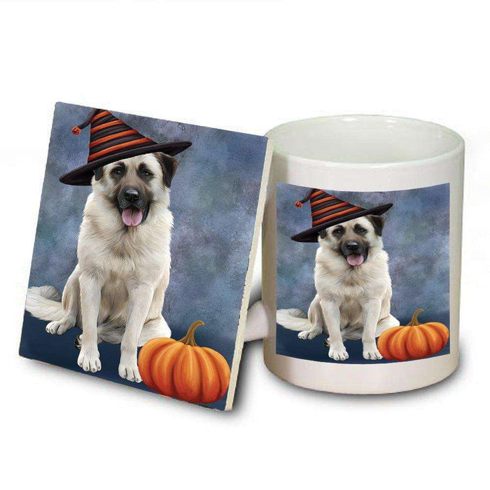Happy Halloween Anatolian Shepherds Dog Wearing Witch Hat with Pumpkin Mug and Coaster Set