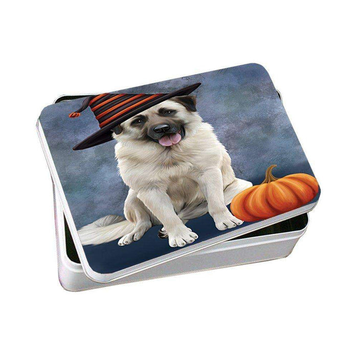 Happy Halloween Anatolian Shepherds Dog Wearing Witch Hat with Pumpkin Photo Storage Tin