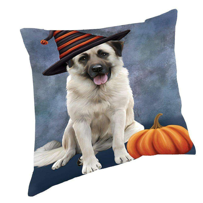 Happy Halloween Anatolian Shepherds Dog Wearing Witch Hat with Pumpkin Throw Pillow