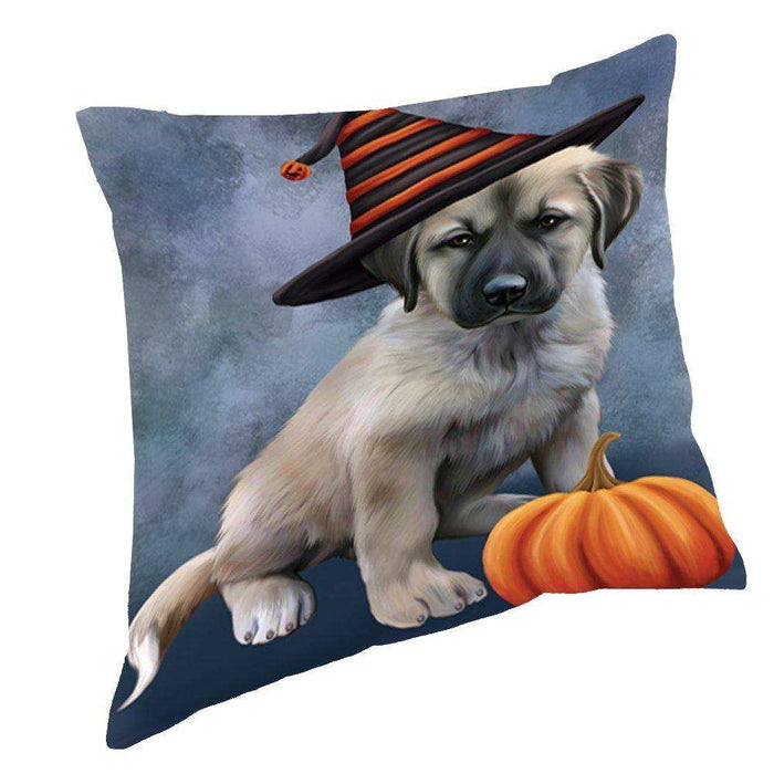 Happy Halloween Anatolian Shepherds Dog Wearing Witch Hat with Pumpkin Throw Pillow