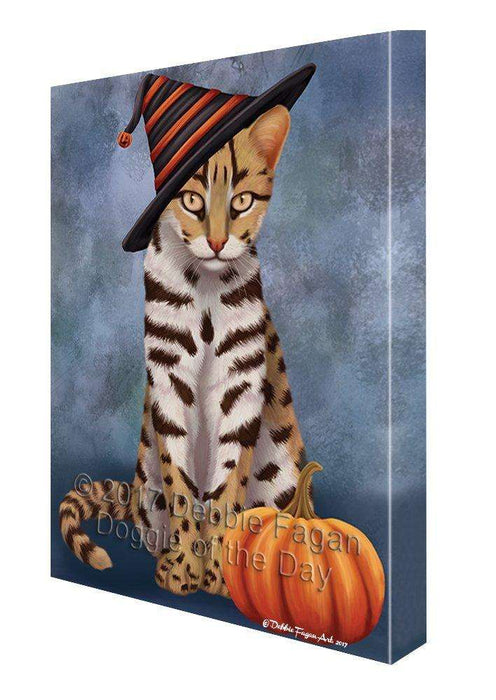 Happy Halloween Asian Leopard Cat Wearing Witch Hat with Pumpkin Canvas Wall Art